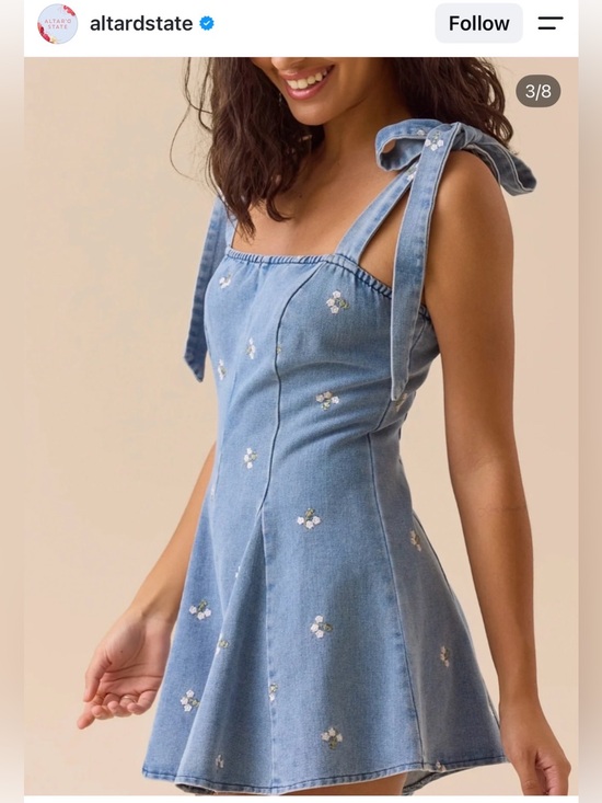 Altar'd State Dresses & Skirts - Altard State Light Blue Embroidered Denim Tie-Shoulder romper